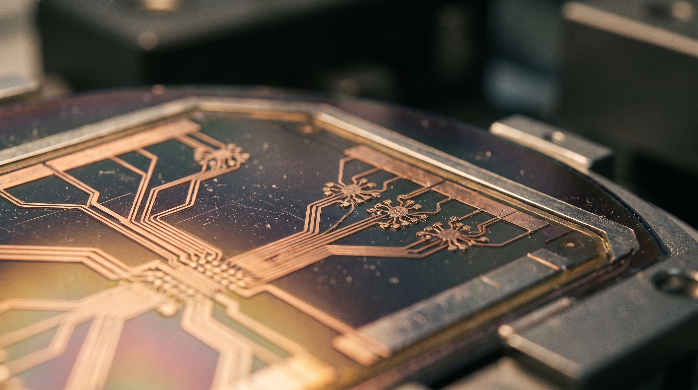 Extreme close-up of the substrate edge: copper traces converge into fine neuron-like nodes across an iridescent silicon die.