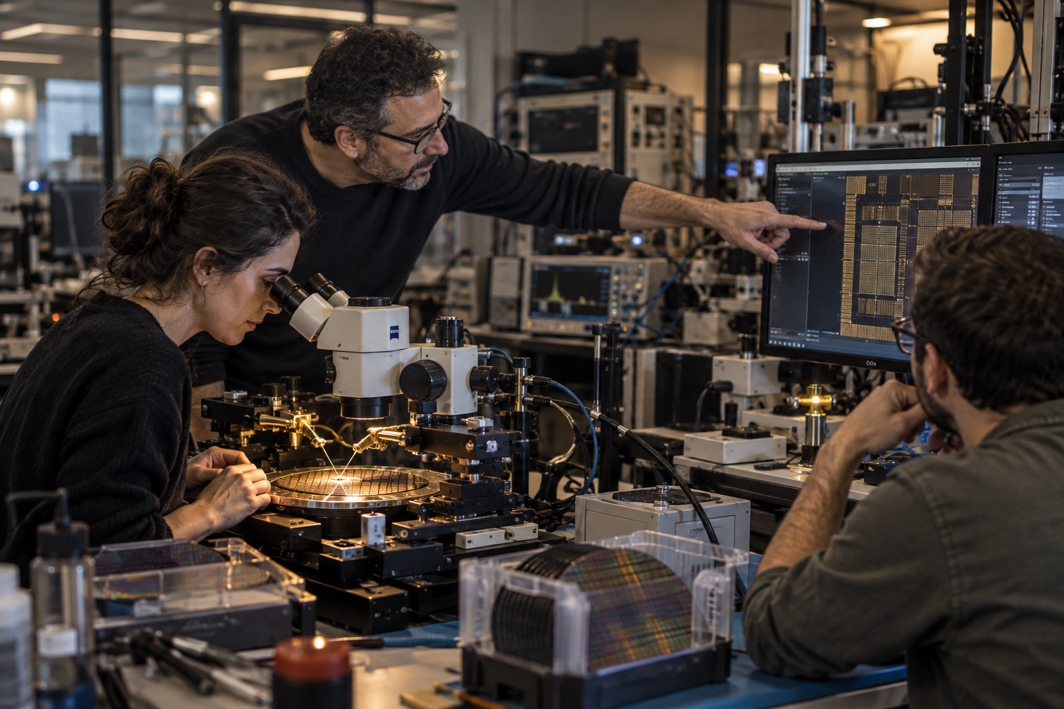 The Synthetic Brains founding team in their hardware lab: one researcher examines a wafer on a probe station under a microscope while another points to a chip layout on screen and a third looks on, surrounded by measurement instruments and silicon wafers.
